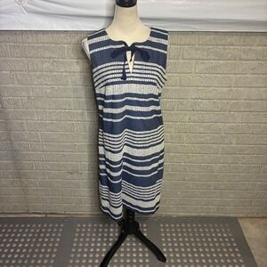 Karl Lagerfeld Paris Navy White Striped Eyelet Bow Sheath Dress Womens 10